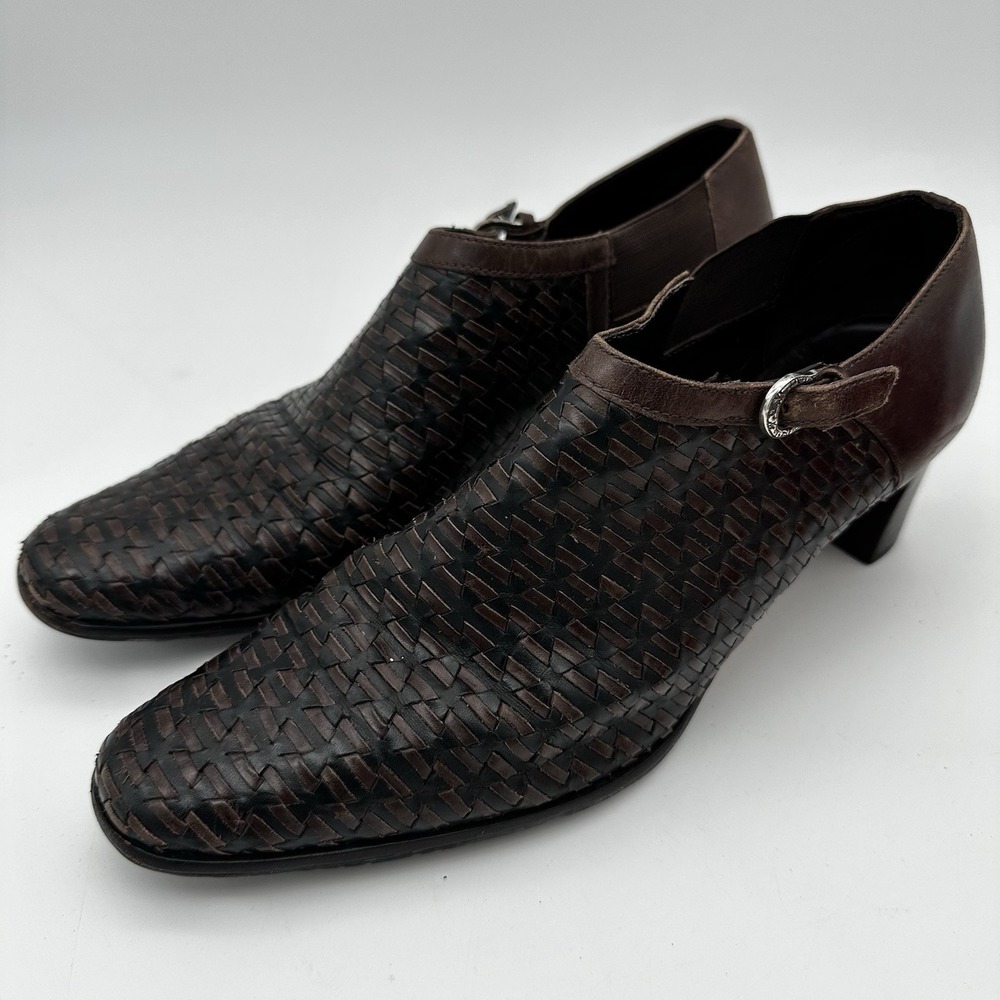 Brighton Turner Ankle Booties Black Brown Woven Leather Block Heels Wms 9.5m